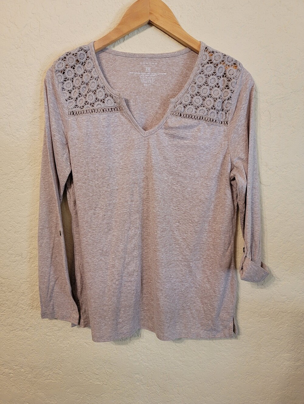 Sonoma Women's Crochet Yoke Roll Tab Sleeve Light Brown Top Sz M Petite